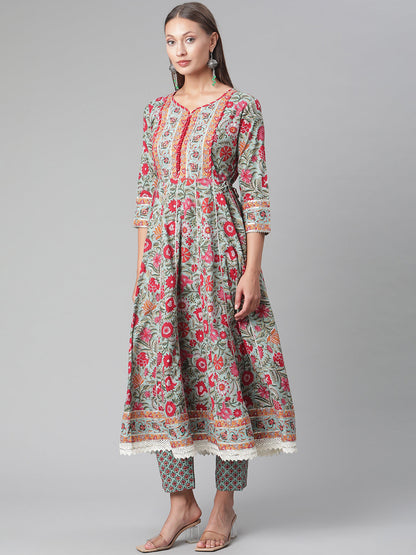 Women'S Sea Green Self Print Cotton Anarkali Kurta Palazzo Set With Dupatta | LASVINI - Redefining Indian Fashion with Elegance