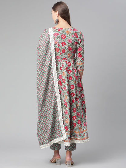 Women'S Sea Green Self Print Cotton Anarkali Kurta Palazzo Set With Dupatta | LASVINI - Redefining Indian Fashion with Elegance