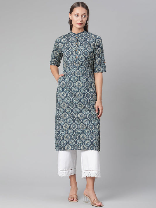 Women'S Indigo Cotton Straight Kurta | LASVINI - Redefining Indian Fashion with Elegance