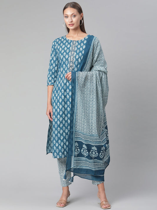 Women'S Blue Cotton Kurta Pant With Dupatta Set | LASVINI - Redefining Indian Fashion with Elegance