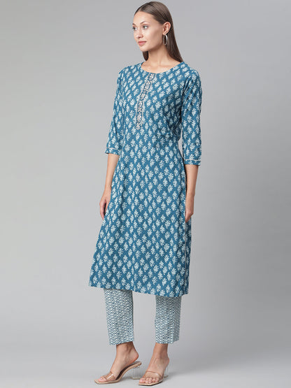 Women'S Blue Cotton Kurta Pant With Dupatta Set | LASVINI - Redefining Indian Fashion with Elegance