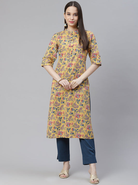 Women'S Yellow Printed Cotton Straight Kurta | LASVINI - Redefining Indian Fashion with Elegance