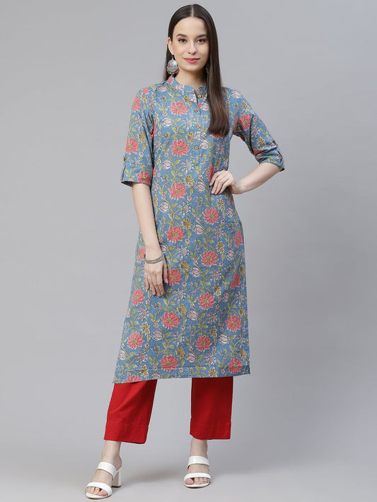 Women'S Blue Printed Cotton Straight Kurta | LASVINI - Redefining Indian Fashion with Elegance