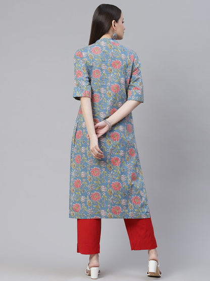 Women'S Blue Printed Cotton Straight Kurta | LASVINI - Redefining Indian Fashion with Elegance