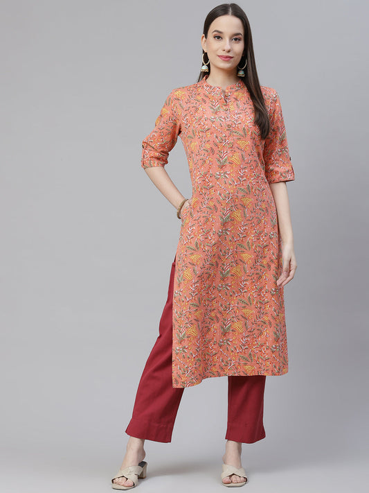 Women'S Pink Printed Cotton Straight Kurta | LASVINI - Redefining Indian Fashion with Elegance