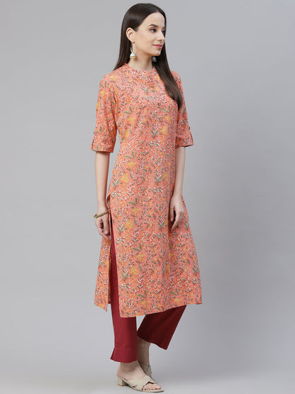 Women'S Pink Printed Cotton Straight Kurta | LASVINI - Redefining Indian Fashion with Elegance