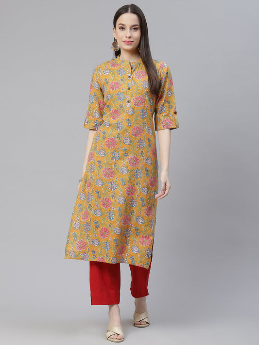 Women'S Mustard Printed Cotton Straight Kurta | LASVINI - Redefining Indian Fashion with Elegance