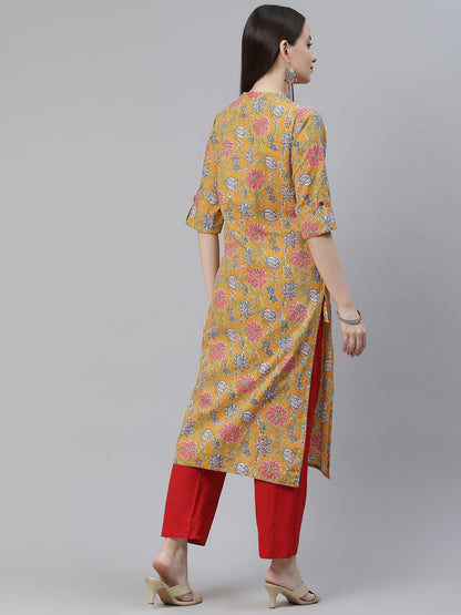 Women'S Mustard Printed Cotton Straight Kurta | LASVINI - Redefining Indian Fashion with Elegance