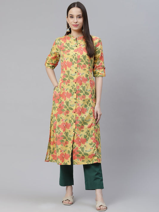 Women'S Floral Print Yellow Cotton Flex Kurta | LASVINI - Redefining Indian Fashion with Elegance