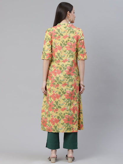 Women'S Floral Print Yellow Cotton Flex Kurta | LASVINI - Redefining Indian Fashion with Elegance