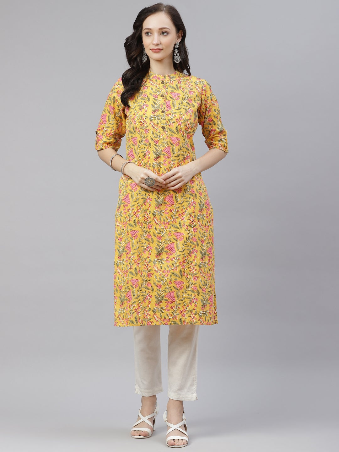 Women'S Yellow Floral Print Cotton Straight Kurta | LASVINI - Redefining Indian Fashion with Elegance