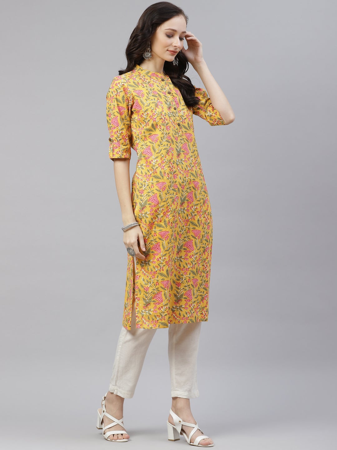 Women'S Yellow Floral Print Cotton Straight Kurta | LASVINI - Redefining Indian Fashion with Elegance