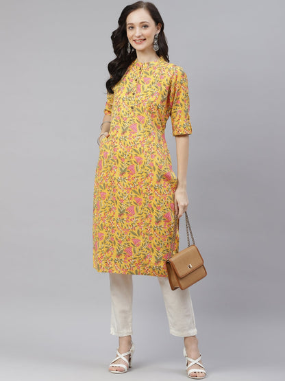 Women'S Yellow Floral Print Cotton Straight Kurta | LASVINI - Redefining Indian Fashion with Elegance