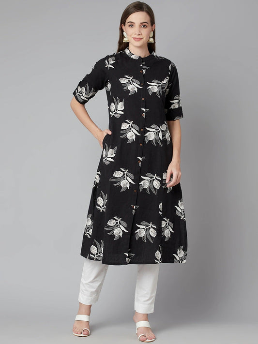 Women'S Black Cotton Flex A-Line Kurta | LASVINI - Redefining Indian Fashion with Elegance