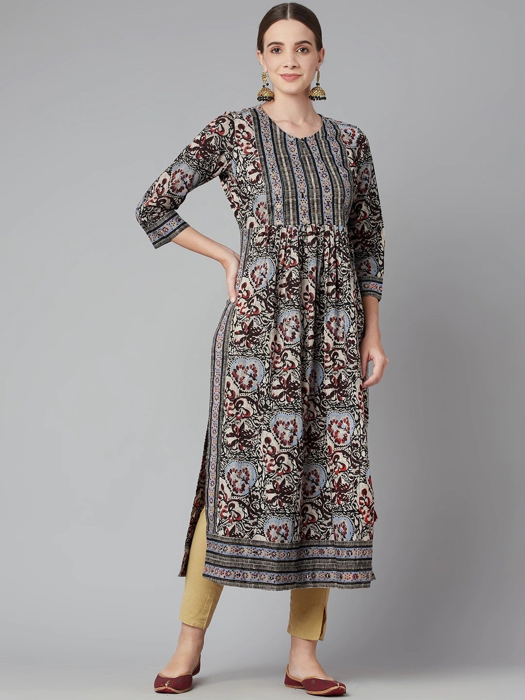 Women'S Grey Cotton Gathered Kurta With Side Slits. | LASVINI - Redefining Indian Fashion with Elegance