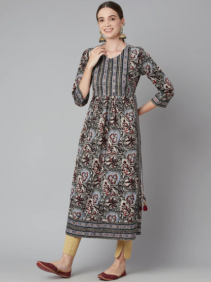 Women'S Grey Cotton Gathered Kurta With Side Slits. | LASVINI - Redefining Indian Fashion with Elegance