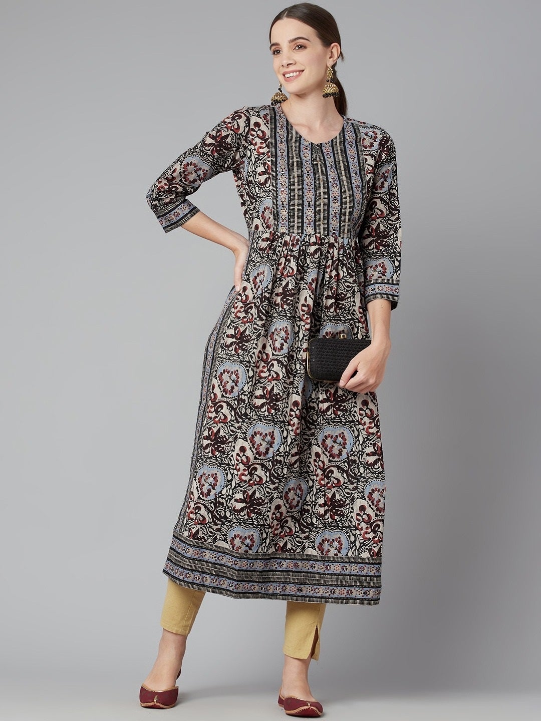 Women'S Grey Cotton Gathered Kurta With Side Slits. | LASVINI - Redefining Indian Fashion with Elegance