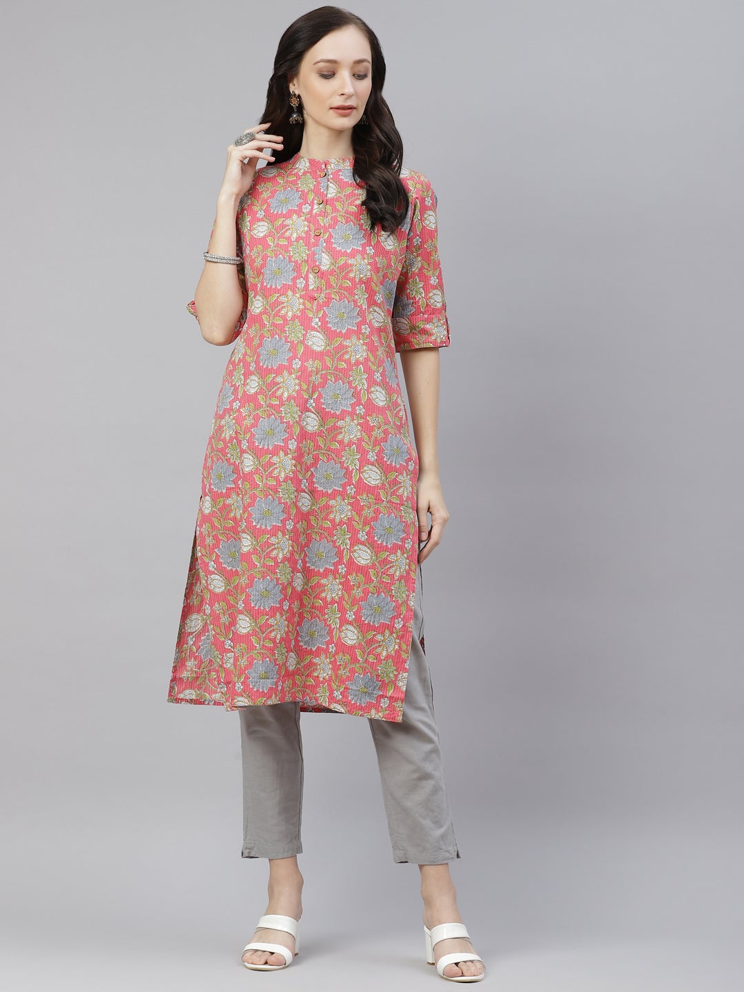 Women'S Pink Floral Print Cotton Straight Kurta | LASVINI - Redefining Indian Fashion with Elegance