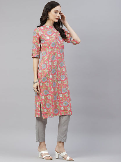 Women'S Pink Floral Print Cotton Straight Kurta | LASVINI - Redefining Indian Fashion with Elegance