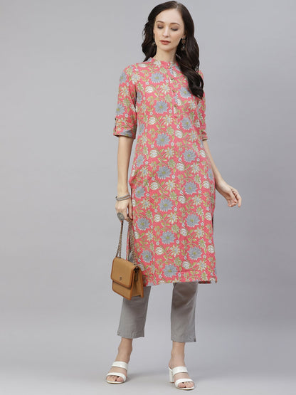 Women'S Pink Floral Print Cotton Straight Kurta | LASVINI - Redefining Indian Fashion with Elegance