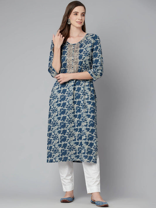 Women'S Blue Floral Cotton Straight Kurta | LASVINI - Redefining Indian Fashion with Elegance