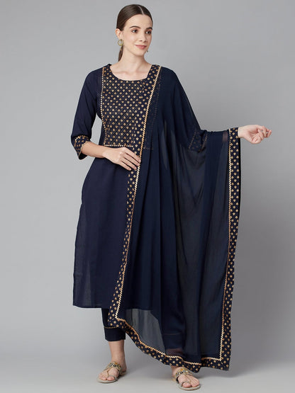 Women'S Blue Solid Straight Rayon Kurta Pant Set With Dupatta | LASVINI - Redefining Indian Fashion with Elegance