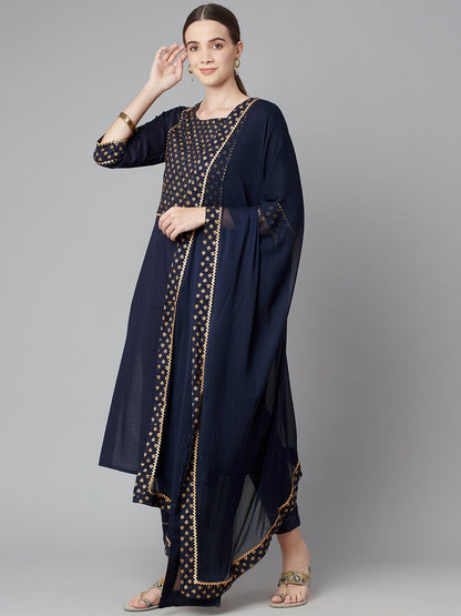 Women'S Blue Solid Straight Rayon Kurta Pant Set With Dupatta | LASVINI - Redefining Indian Fashion with Elegance