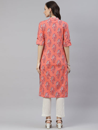 Women'S Pink Floral Rayon Straight Kurta | LASVINI - Redefining Indian Fashion with Elegance
