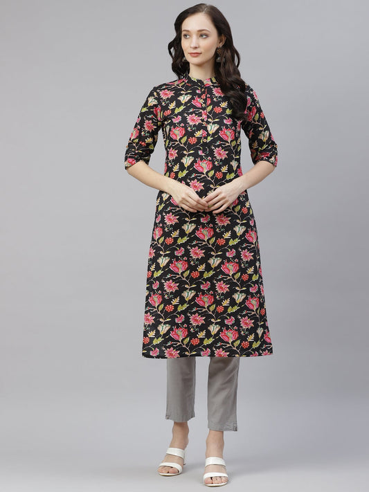 Women'S Black Floral Cotton Straight Kurti | LASVINI - Redefining Indian Fashion with Elegance
