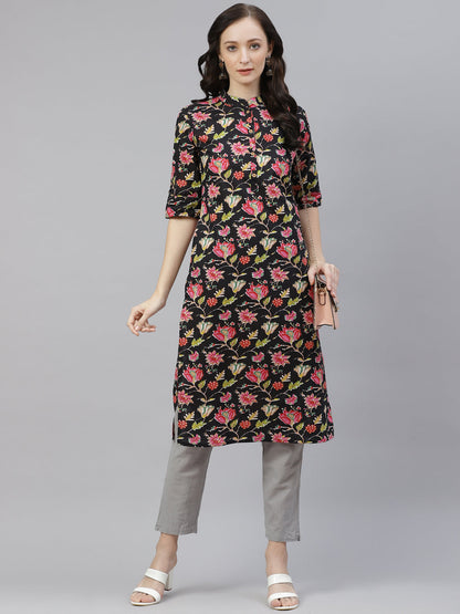 Women'S Black Floral Cotton Straight Kurti | LASVINI - Redefining Indian Fashion with Elegance
