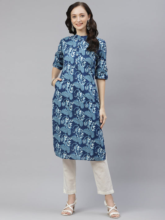 Women'S Indigo Floral Cotton Straight Kurti | LASVINI - Redefining Indian Fashion with Elegance