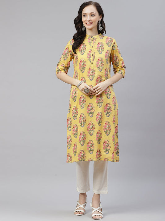 Women'S Yellow Floral Cotton Straight Kurti | LASVINI - Redefining Indian Fashion with Elegance