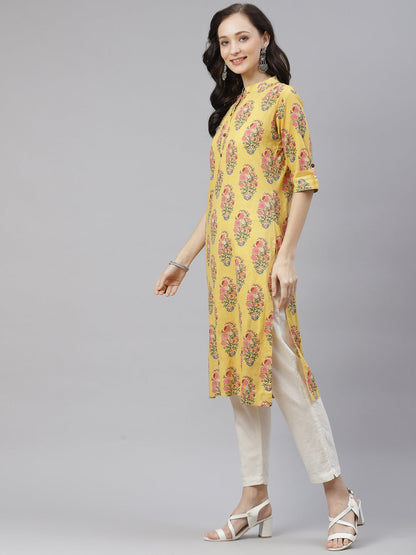 Women'S Yellow Floral Cotton Straight Kurti | LASVINI - Redefining Indian Fashion with Elegance