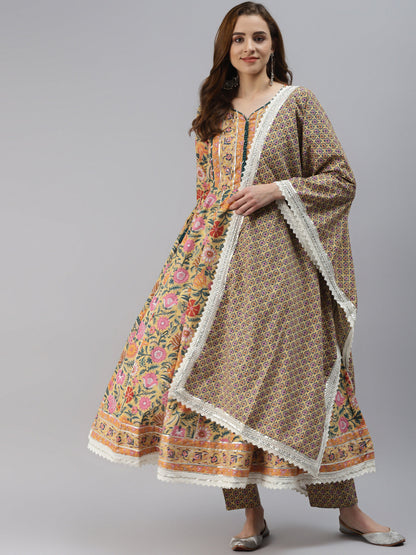 Women'S Yellow Floral Anarkali Pant Set With Dupatta | LASVINI - Redefining Indian Fashion with Elegance