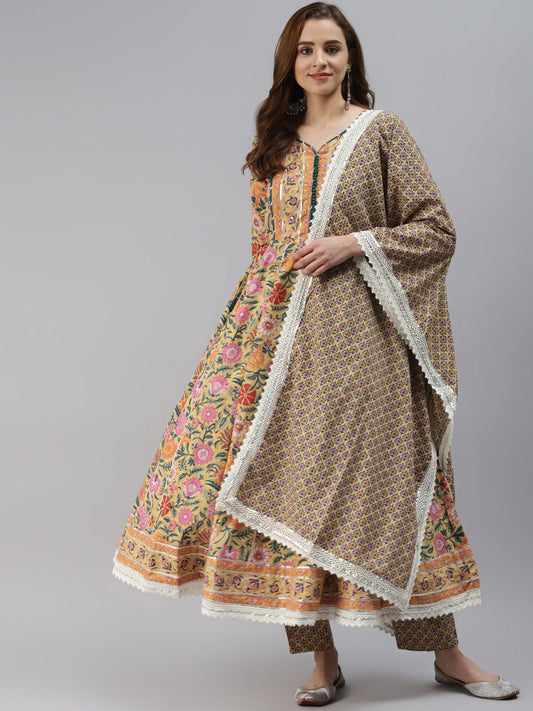 Women'S Yellow Floral Anarkali Pant Set With Dupatta | LASVINI - Redefining Indian Fashion with Elegance