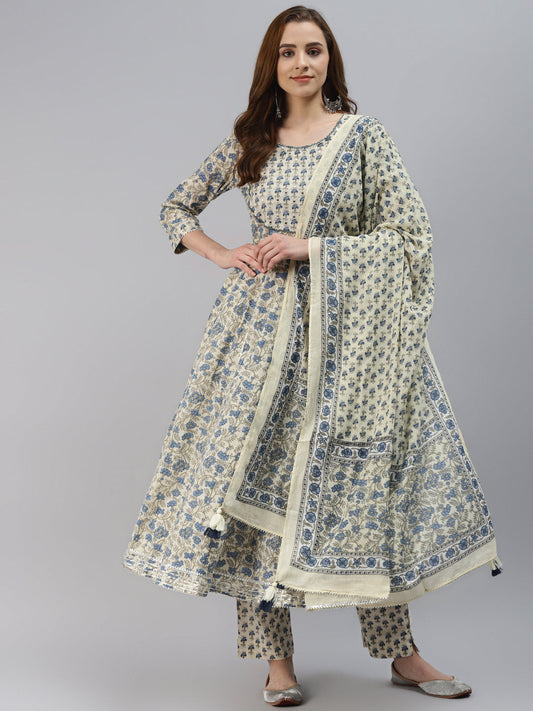 Women'S White Floral Anarkali Pant Set With Dupatta | LASVINI - Redefining Indian Fashion with Elegance