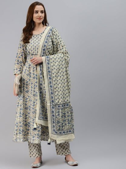 Women'S White Floral Anarkali Pant Set With Dupatta | LASVINI - Redefining Indian Fashion with Elegance