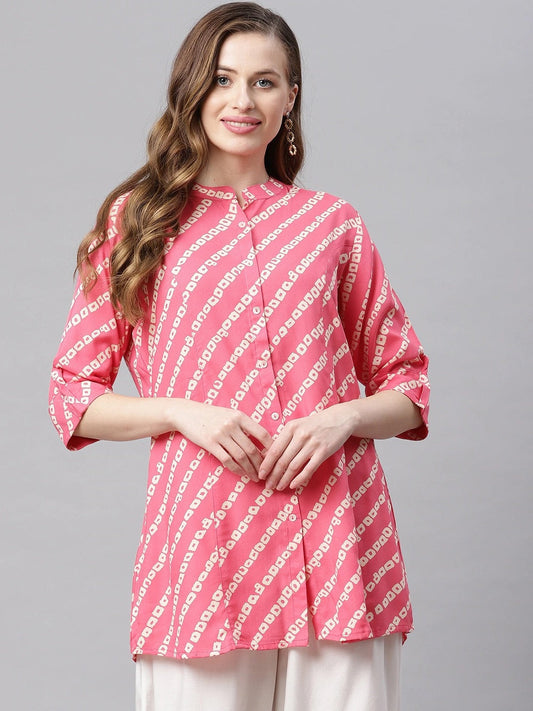 Women'S Pink Bandhani Rayon A-Line Shirt Style Top | LASVINI - Redefining Indian Fashion with Elegance