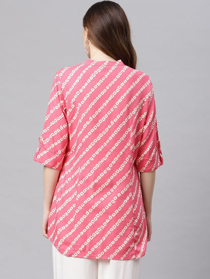 Women'S Pink Bandhani Rayon A-Line Shirt Style Top | LASVINI - Redefining Indian Fashion with Elegance
