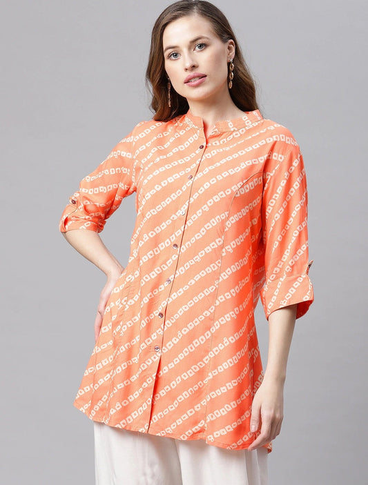 Women'S Orange Bandhani Rayon A-Line Shirt Style Top | LASVINI - Redefining Indian Fashion with Elegance
