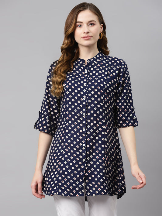 Women'S Blue Bandhani Print Rayon Top | LASVINI - Redefining Indian Fashion with Elegance
