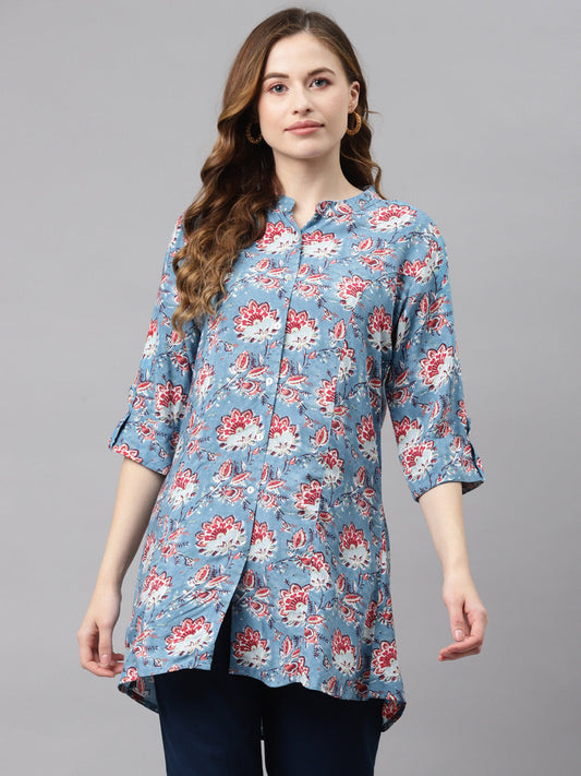 Women'S Sky Blue Floral Rayon Top | LASVINI - Redefining Indian Fashion with Elegance