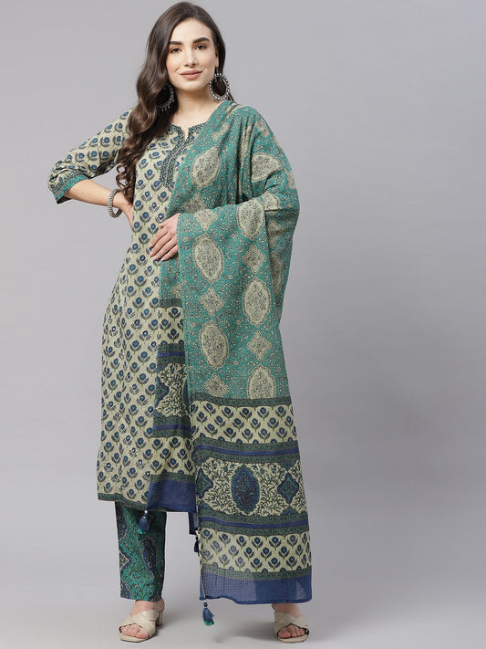 Women'S Green Cotton Straight Kurta Pant Set With Dupatta | LASVINI - Redefining Indian Fashion with Elegance