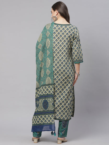 Women'S Green Cotton Straight Kurta Pant Set With Dupatta | LASVINI - Redefining Indian Fashion with Elegance