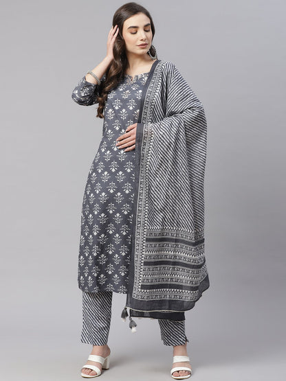 Women'S Grey Cotton Straight Kurta Pant Set With Dupatta | LASVINI - Redefining Indian Fashion with Elegance