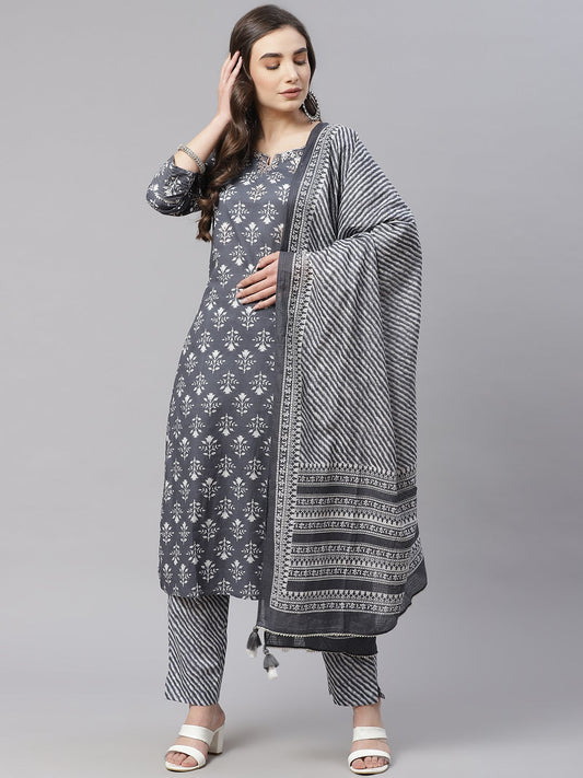 Women'S Grey Cotton Straight Kurta Pant Set With Dupatta | LASVINI - Redefining Indian Fashion with Elegance