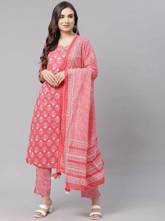 Women'S Pink Cotton Straight Kurta Pant Set With Dupatta | LASVINI - Redefining Indian Fashion with Elegance