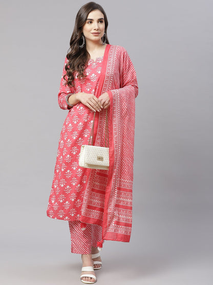 Women'S Pink Cotton Straight Kurta Pant Set With Dupatta | LASVINI - Redefining Indian Fashion with Elegance