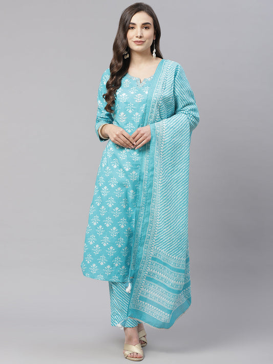 Women'S Sky Blue Cotton Straight Kurta Pant Set With Dupatta | LASVINI - Redefining Indian Fashion with Elegance