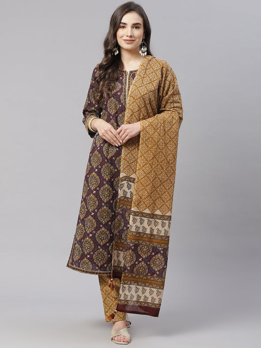 Women'S Brown Cotton Straight Kurta Pant Set With Dupatta | LASVINI - Redefining Indian Fashion with Elegance